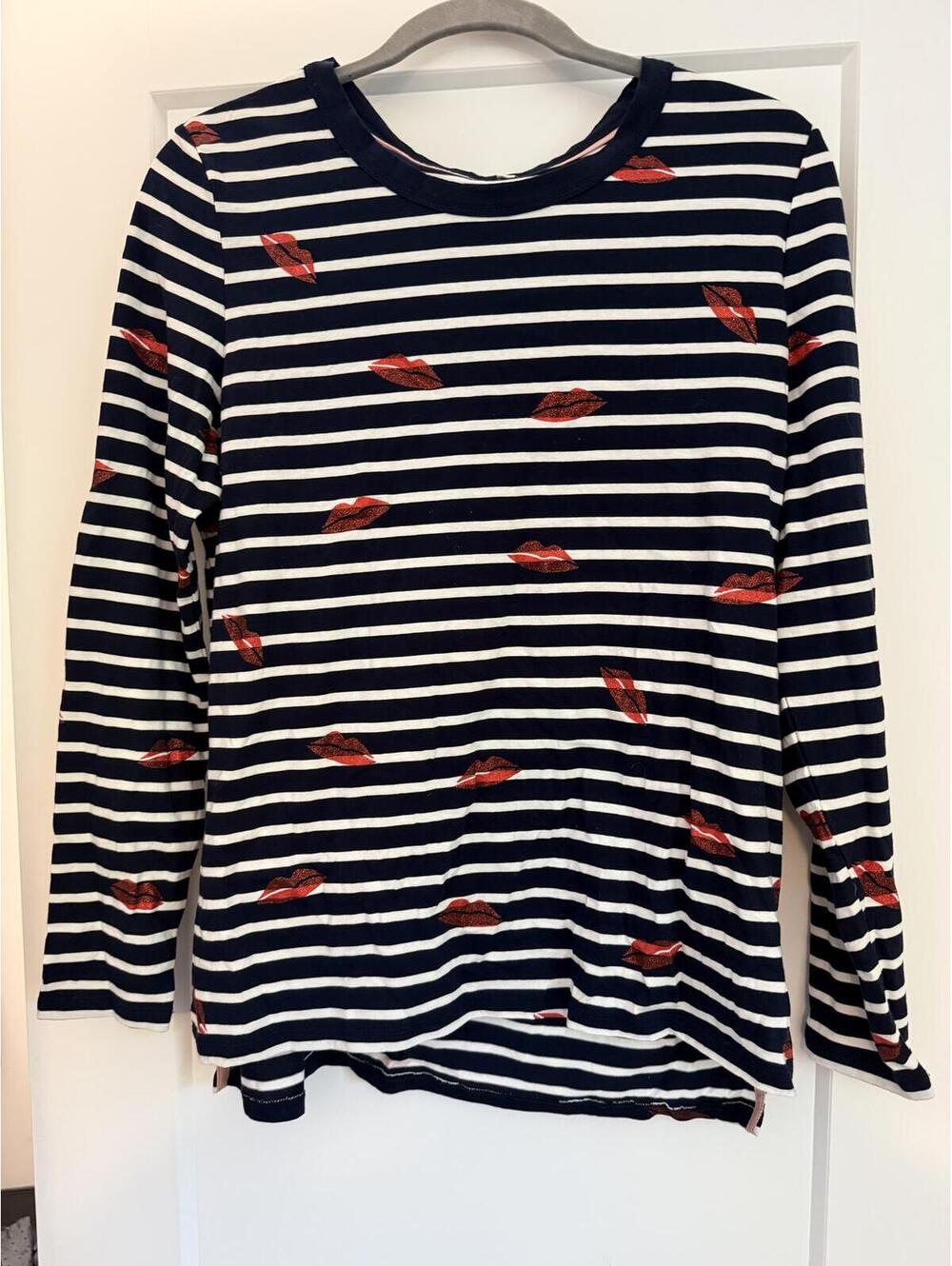 Boden Women's Navy and White Striped Long Sleeve Top with Red Lip Print, Size US